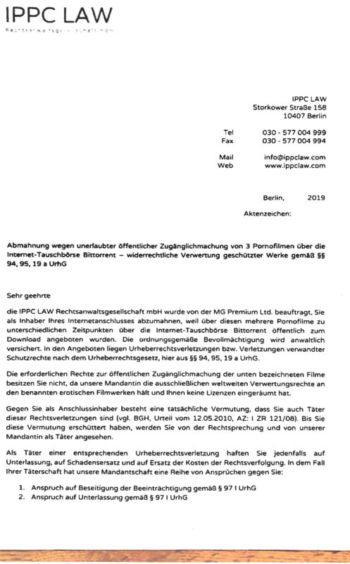 Eine aktuelle IPPC Law-Abmahnung, 1 Seite