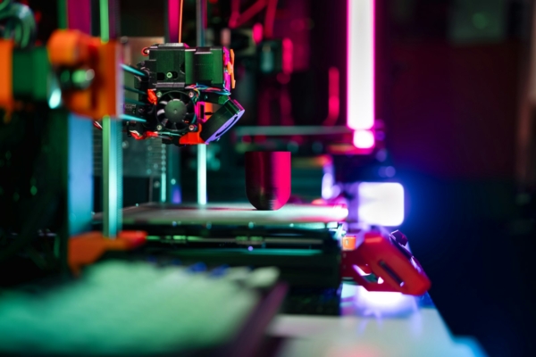 Nahaufnahme eines 3D-Druckers, dessen Druckkopf gerade ein Kunststoffteil Schicht für Schicht aufbaut